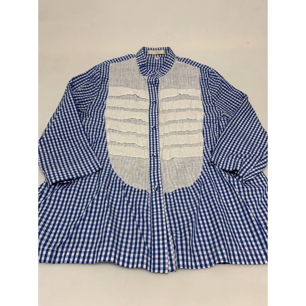 Lorain Croft Button Front Pleated Mid Century Mod Blue Plaid M Women's A33